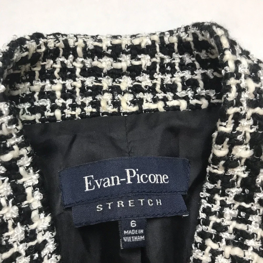 Evan Picone Size 6 Open Front Blazer Black White Metallic Tweed A328